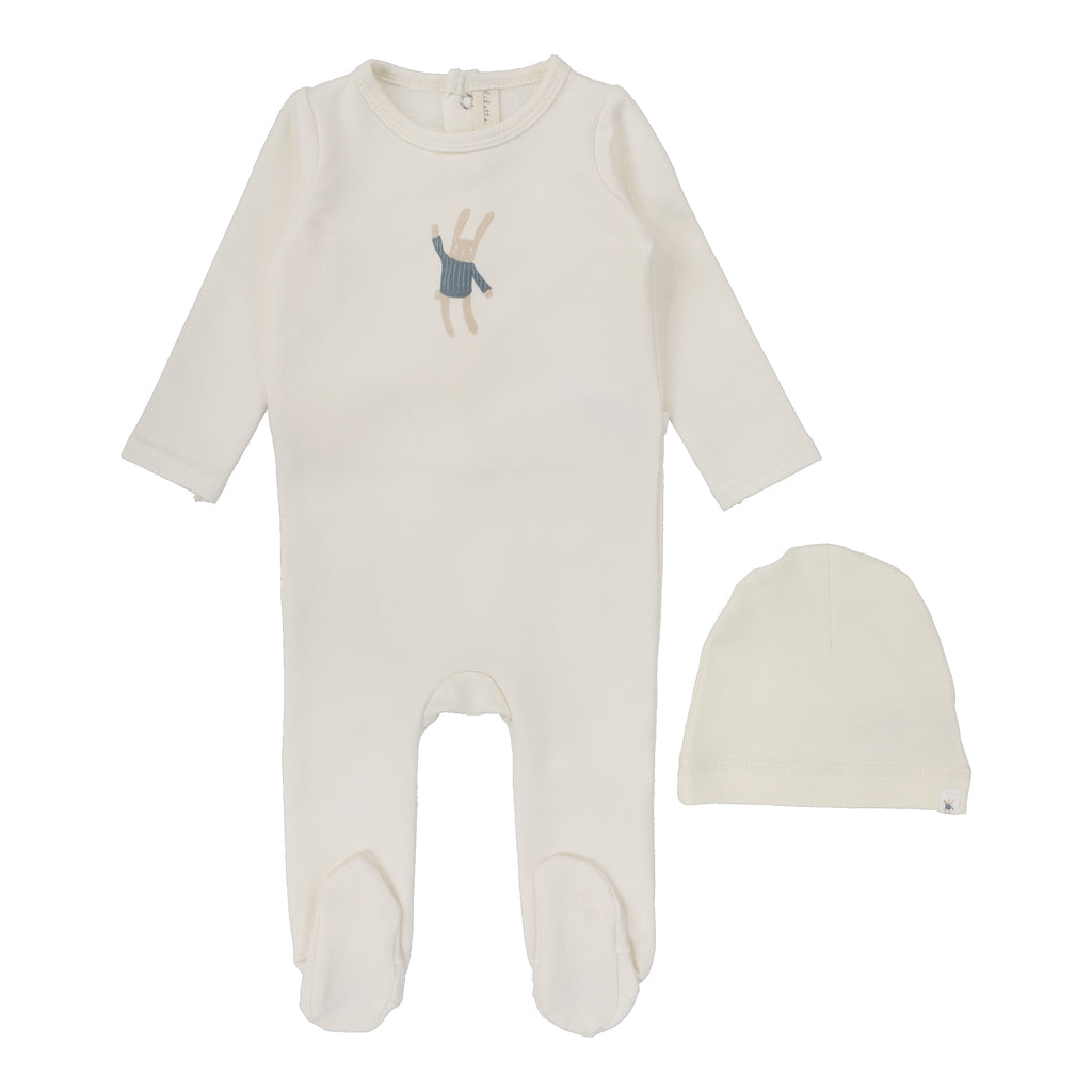 Lilette Handdrawn Footie & Beanie Set - Milk / Bunny Lilette Handdrawn Footie & Beanie Set - Milk / Bunny