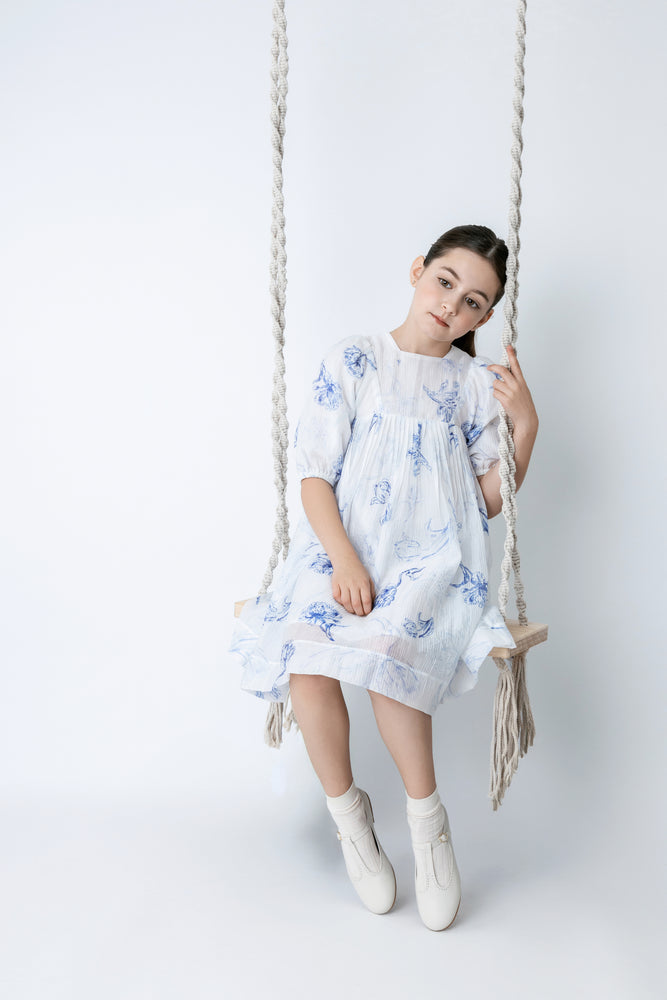 Noma Three Quarter Sleeve Printed Floral Dress - Blue