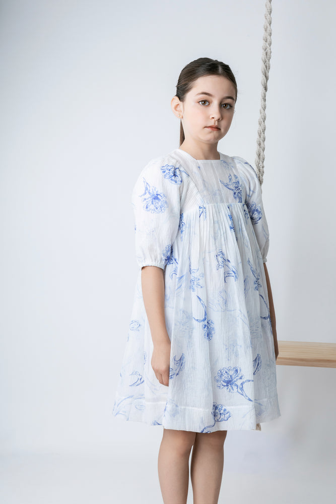 Noma Three Quarter Sleeve Printed Floral Dress - Blue
