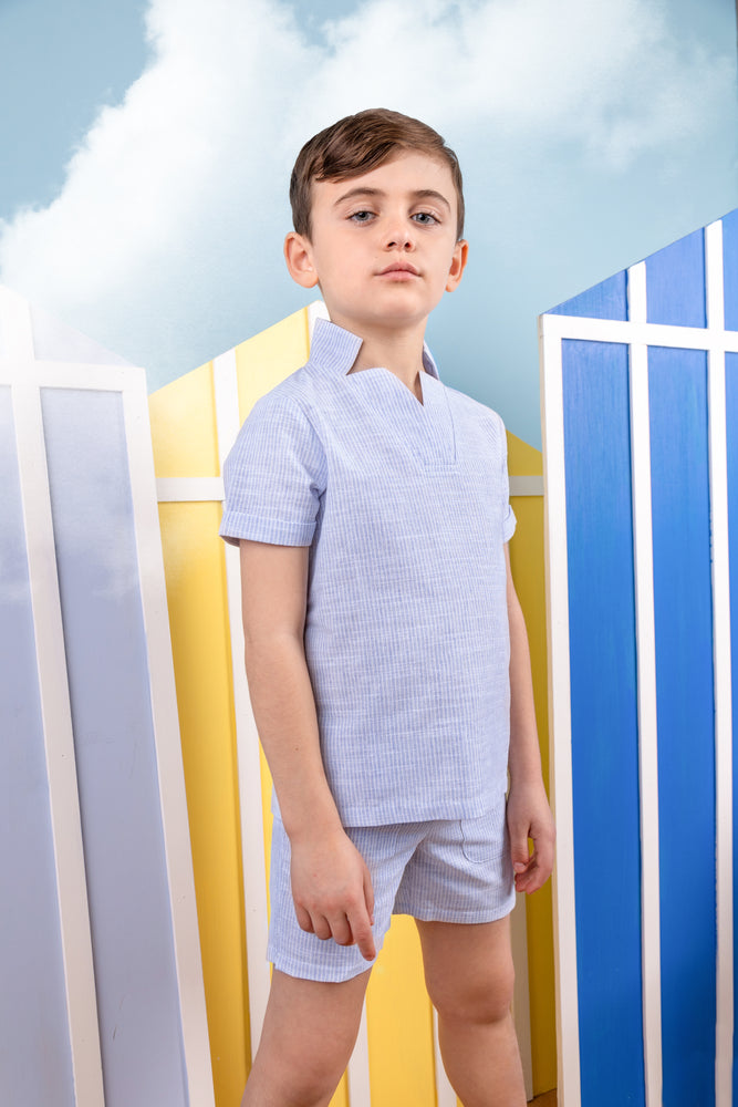 Belati V-neck Striped Shirt Set - Light Blue
