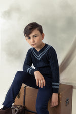 Belati Cable V-neck Emblem Knit Sweater - Navy