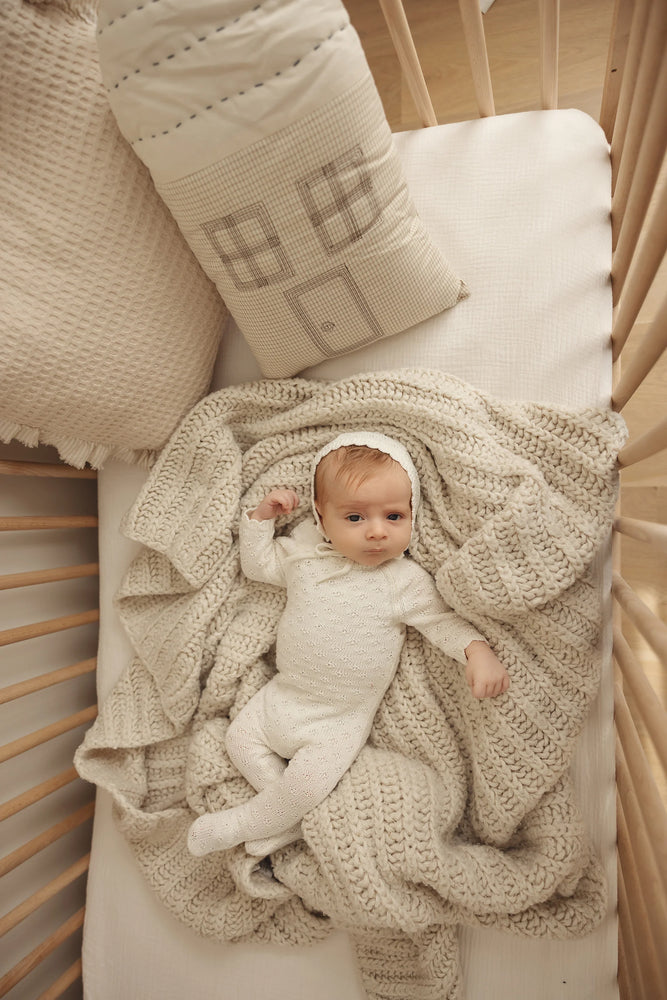 Lilette Vintage Knit Footie & Bonnet Set - Ecru