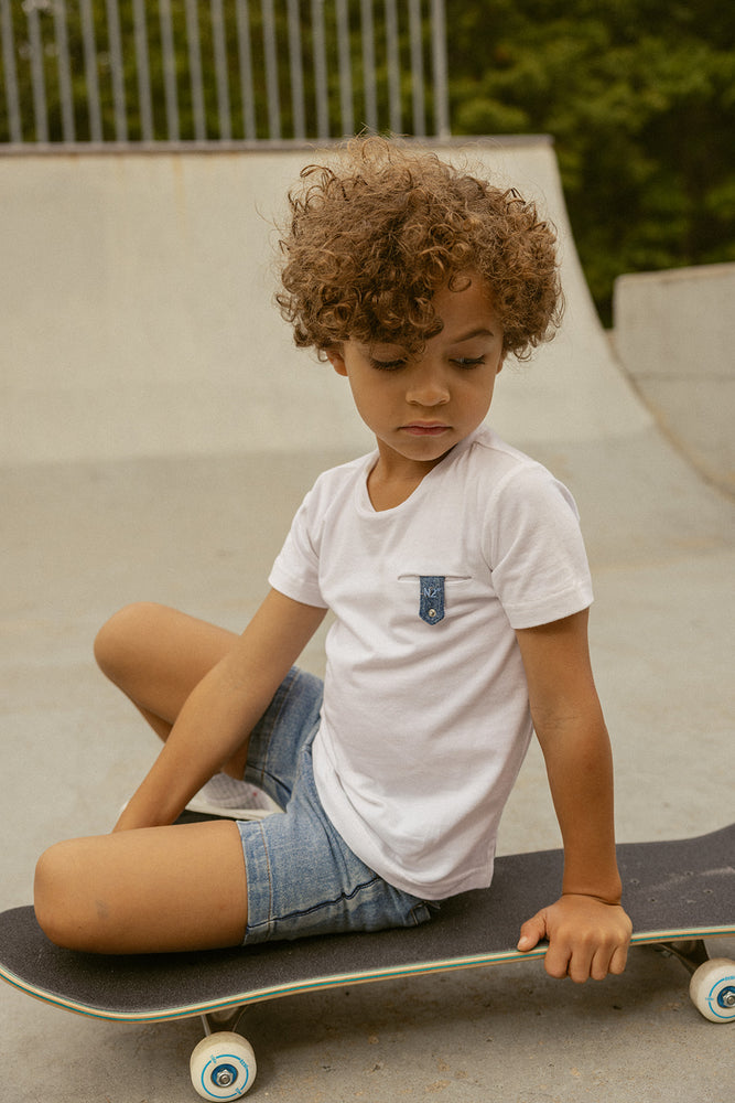 Crew Kids Denim Detail Tee - White
