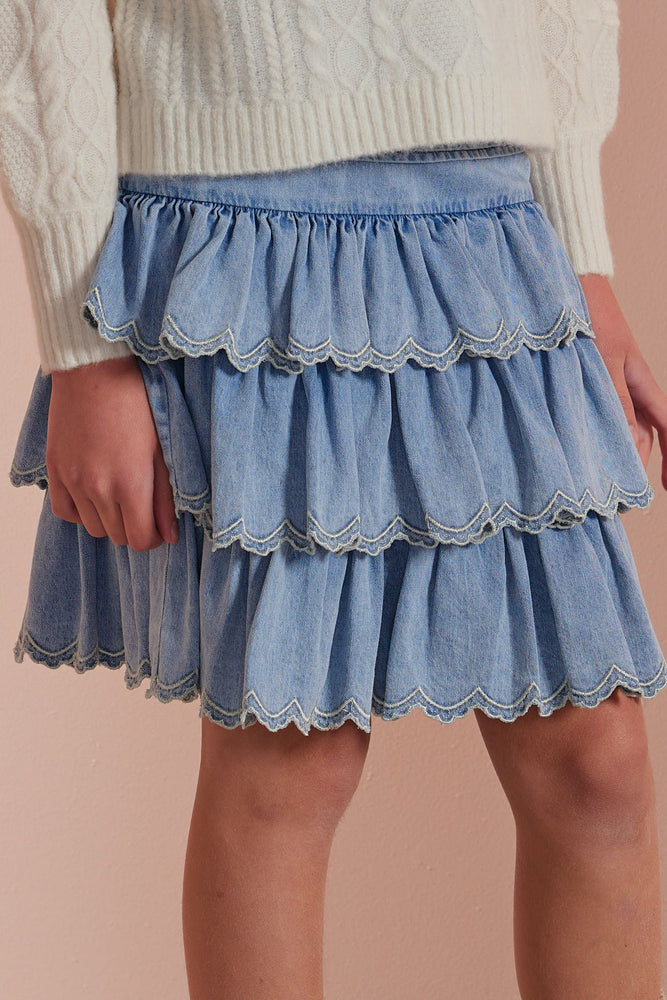 Petite Amalie Pink Embroidered Edge Tiered Skirt - Chambray