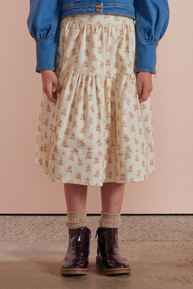 Petite Amalie Pink Denim Midi Flower Bud Skirt - Cream