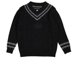 Belati Cable V-neck Emblem Knit Sweater - Navy