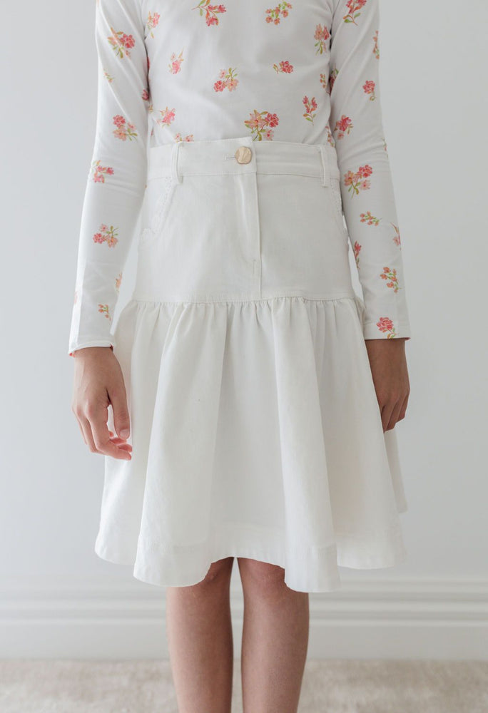 Steph the Label Lace Trim Denim Skirt - White