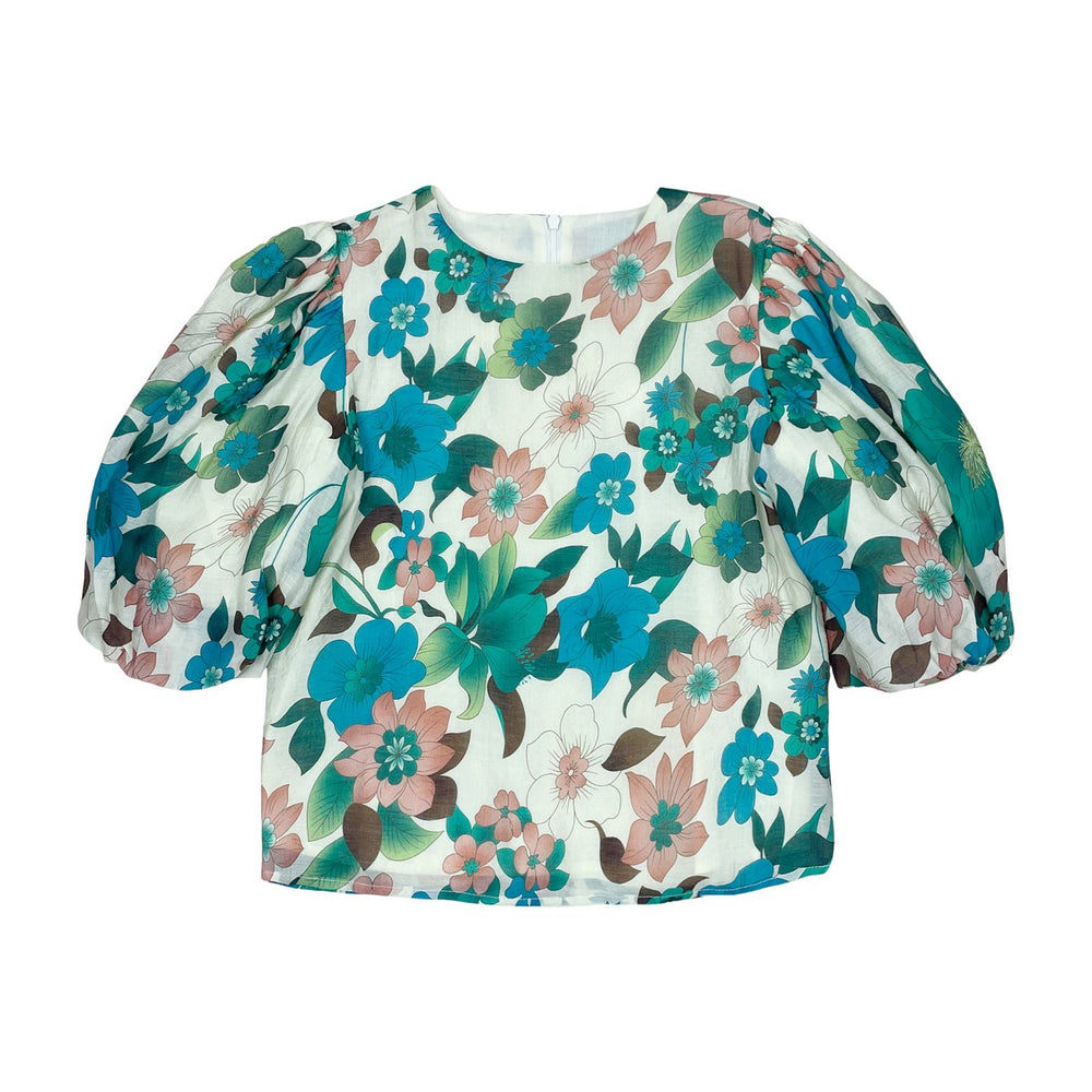 Teela Puff Blouse - Teal Floral