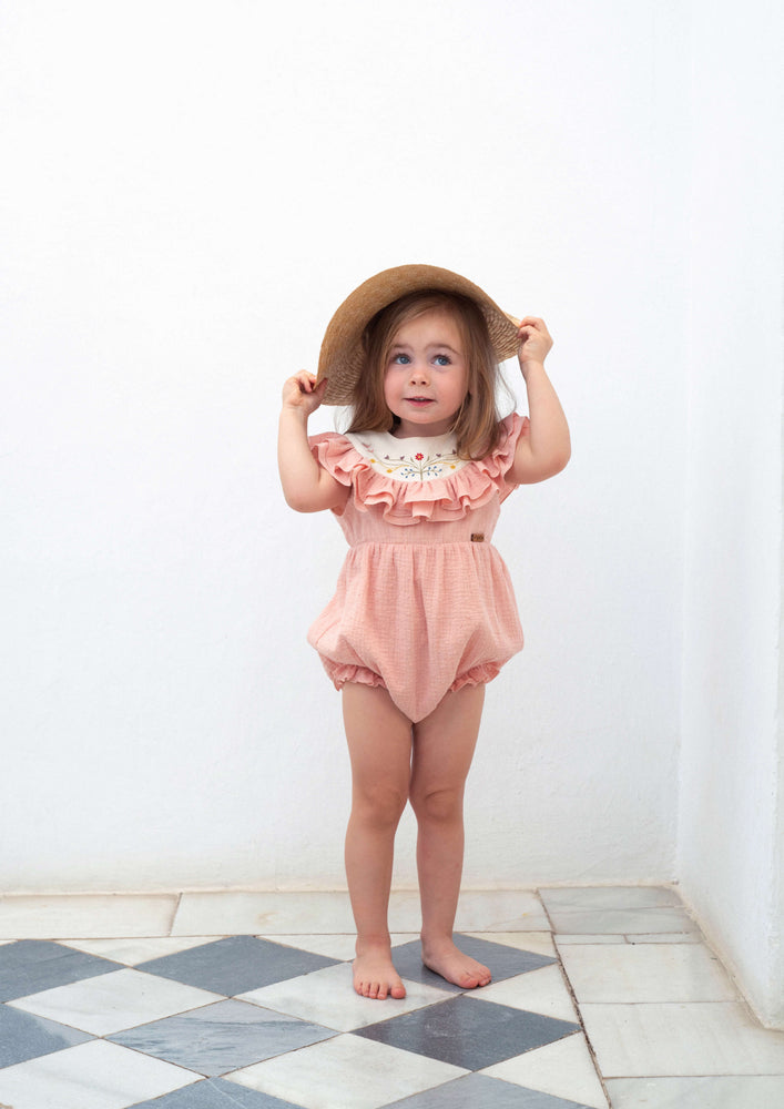【☺︎】Romper suit with frill Popelin Embroidered Yoke Frill Romper - Pink – The Shoppe Miami
