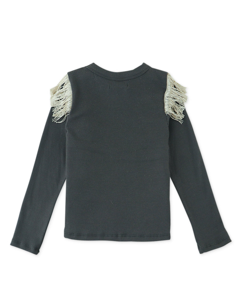 Gingersnaps Ribbed Top with Fringe - Charcoal