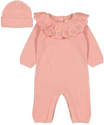 Louis Louise Knit Ruffle Collar Overall and Hat Set - Pink