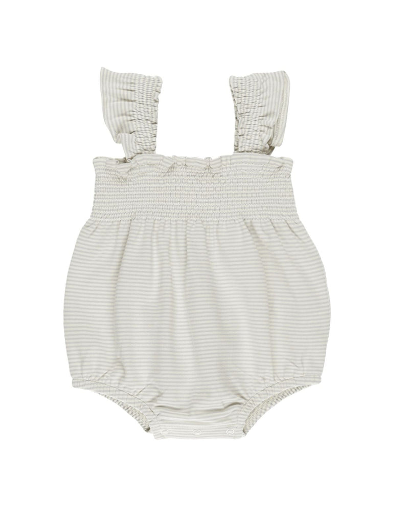 Quincy Mae Smocked Ruffle Romper - Sky Micro Stripe