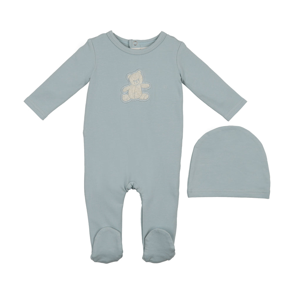 Maniere Sherpa Bear Footie and Beanie - Sky Blue