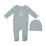 Maniere Sherpa Bear Footie and Beanie - Sky Blue