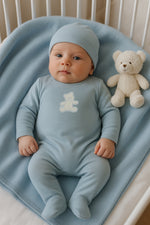 Maniere Sherpa Bear Footie and Beanie - Sky Blue