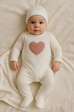 Maniere Sherpa Heart Footie and Beanie - Off White