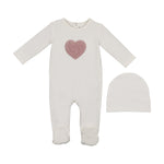 Maniere Sherpa Heart Footie and Beanie - Off White