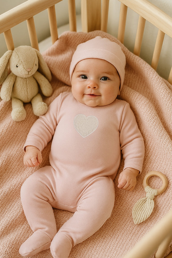 Maniere Sherpa Heart Footie and Beanie - Dusty Mauve