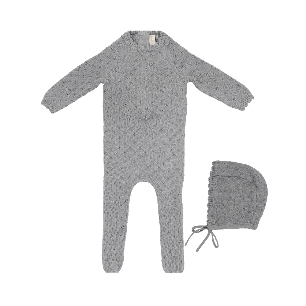 Lilette Vintage Knit Footie & Bonnet Set - Blue