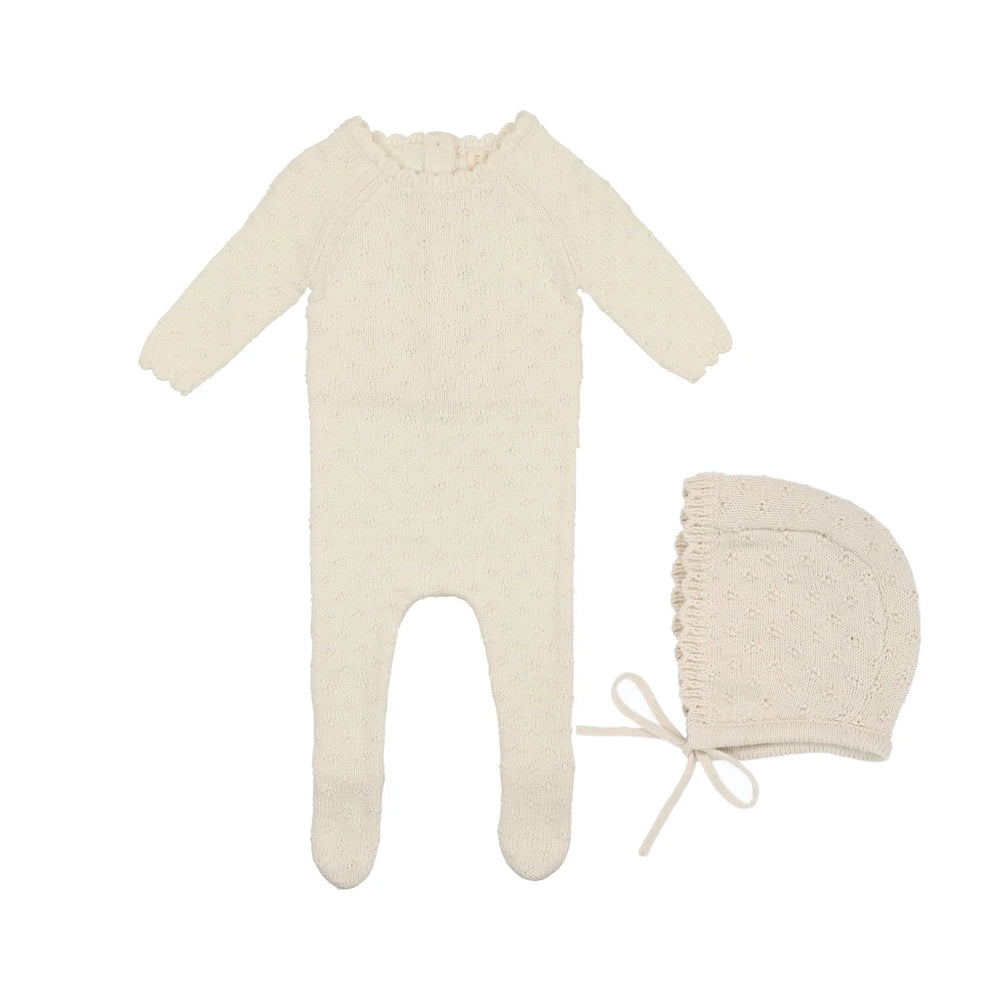 Lilette Vintage Knit Footie & Bonnet Set - Ecru