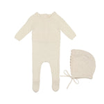 Lilette Vintage Knit Footie & Bonnet Set - Ecru