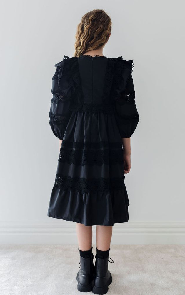 Petite Amalie Poplin Lace Ruffle Dress - Black