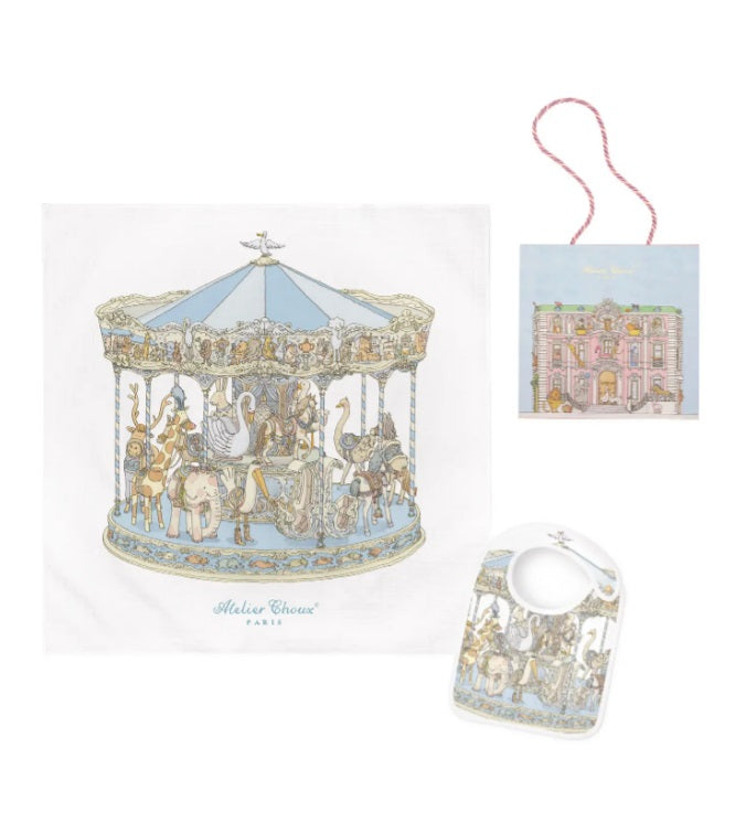 Atelier Choux Swaddle and Satin Bib Gift Set - Carousel Blue