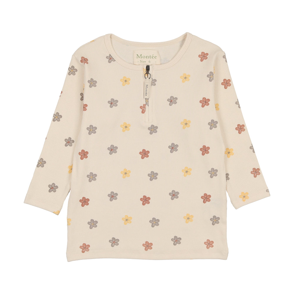 Montee Floral Ribbed Three Quarter Sleeve Top - Beige