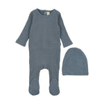 Lilette Dotted Rib Footie and Beanie Set - Blue/Ivory