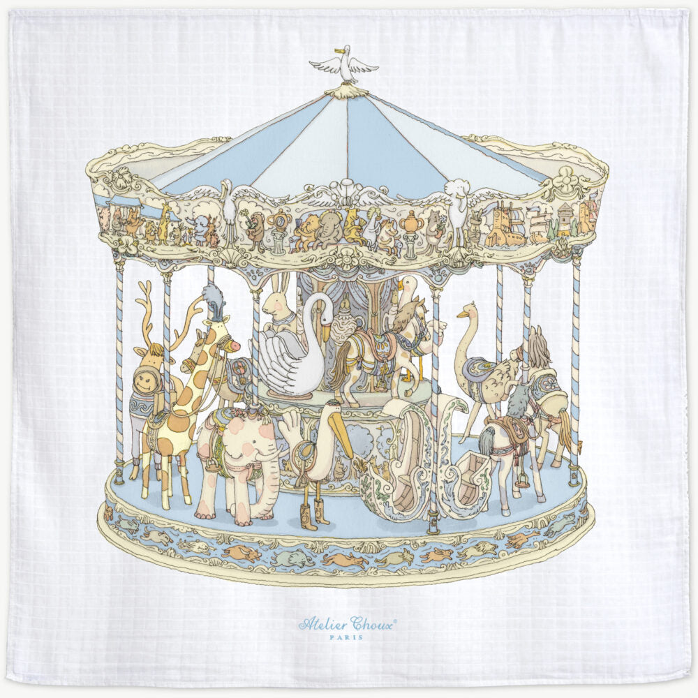 Atelier Choux おくるみ Carousel Blue Atelier Choux Large Swaddle Blanket - Carousel Blue – The Shoppe Miami