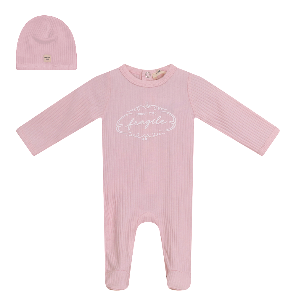 Fragile Logo Footie and Hat - Pink