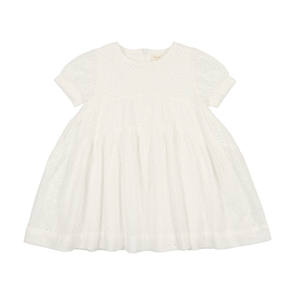 Analogie by Lil Legs Gathered Short Sleeve Dress - White Eyelet