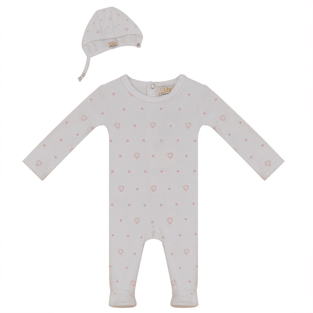 Lux Heart Print Footie with Bonnet - White/Pink